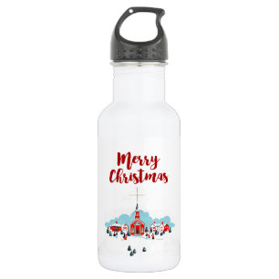 Winter Scene met een Rode Kerk en kerstster Waterfles