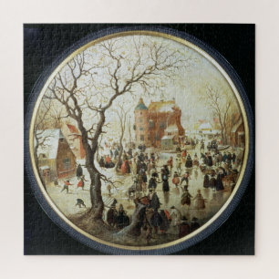 Winter Scene met Skaters nabij een kasteel Legpuzzel