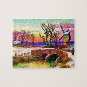 Winter Scene met windmolen en Stone Bridge Art Legpuzzel