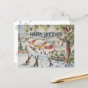 Winter Scene Rabbit Village Snowman Whimsy Feestdagenkaart