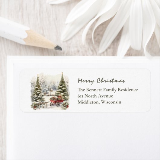 Winter Scene Snow Pine Greenery Kerst Terug Etiket (Insitu)