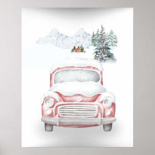 Winter Serenity: Snowy Mountain Landschap met Auto Poster (Voorkant)