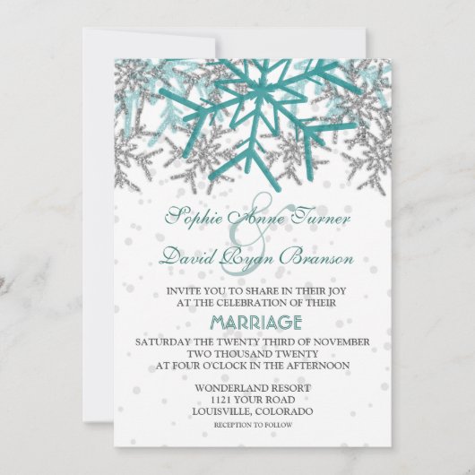 Winter Silver Turquoise Snowflakes Wedding Kaart (Voorkant)