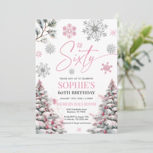 Winter Sixty Birthday Invitation, roze en zilver Kaart (Staand voorkant)