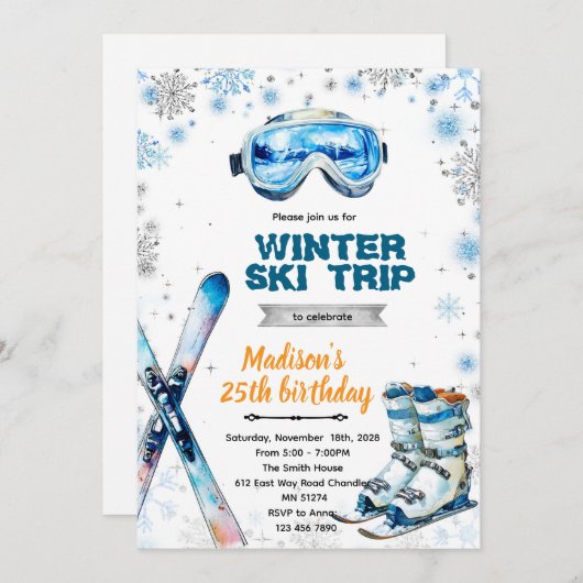 Winter ski party theme invitation kaart (Voorkant / Achterkant)
