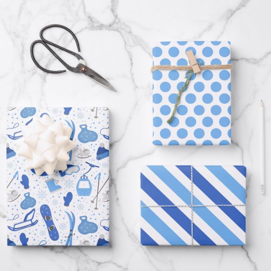 Winter Ski Sled Snowboard Wrapping Paper Set of 3 (Voorkant)