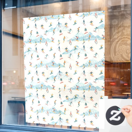 Winter Skiing Snow Mountains Pattern Ski Shop Larg Raamsticker (Cafe Raam)