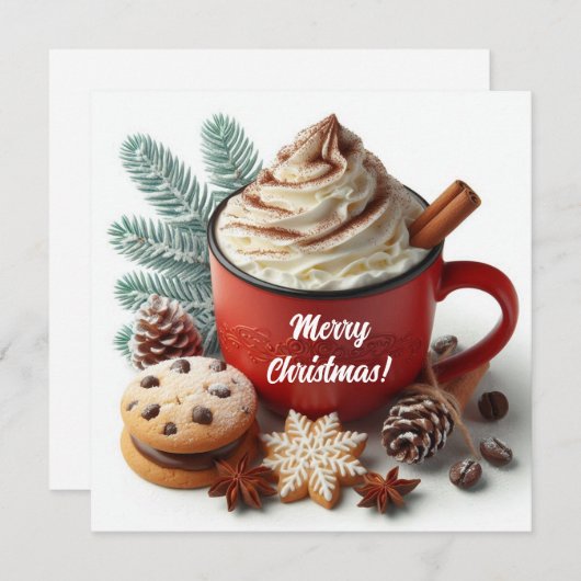 Winter slagroom hete koffie in een rode mok feestdagenkaart (Voorkant / Achterkant)