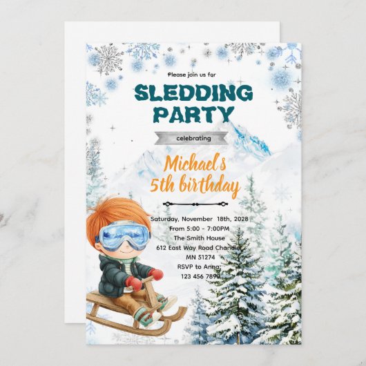 Winter Sledding party theme invitation (Devant / Derrière)