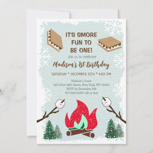 Winter S'mores Campfire First Birthday Invitation (Devant)