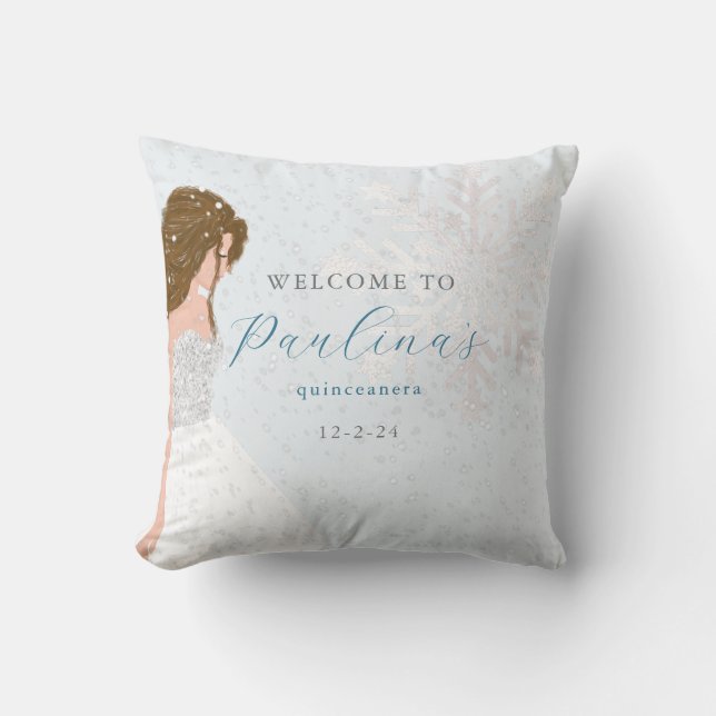 Winter Sneeuw 15e verjaardag Quinceañera Blauw Kussen (Voorkant)