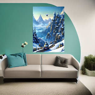 Winter, sneeuw, bergdorp   AI Art Poster