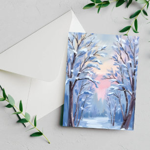 Winter Sneeuw Bos Aquarel Hout Schilderen Kaart