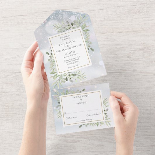 Winter Sneeuw Groen Monogram Bruiloft All In One Uitnodiging (Afscheurbaar)