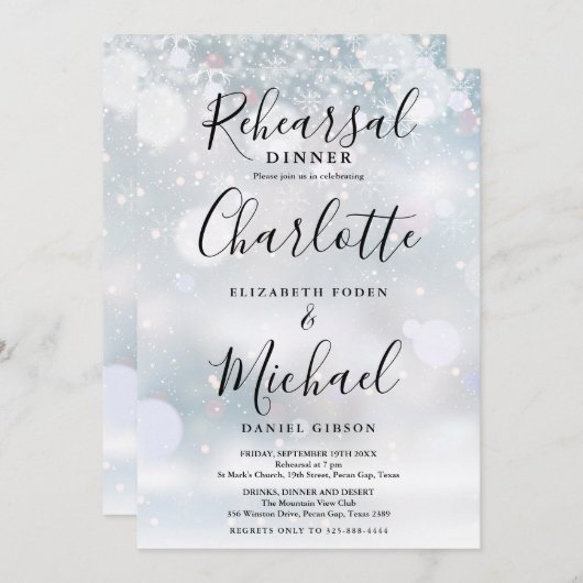 Winter Sneeuw Handtekening Script Repetitie Diner Kaart (Voorkant / Achterkant)