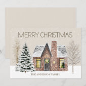 Winter Sneeuw Huis Pijnboom Prettig Kerstfeest Feestdagenkaart (Voorkant / Achterkant)