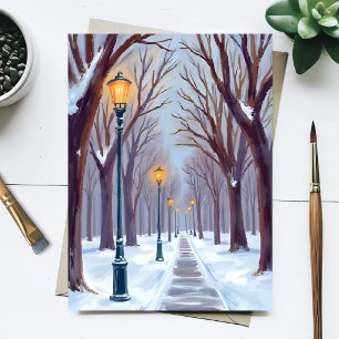 Winter Sneeuw Park Straatlantaarns Stad Aquarel Briefkaart