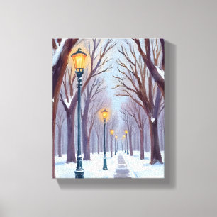 Winter Sneeuw Park Straatlantaarns Stad Aquarel Canvas Afdruk