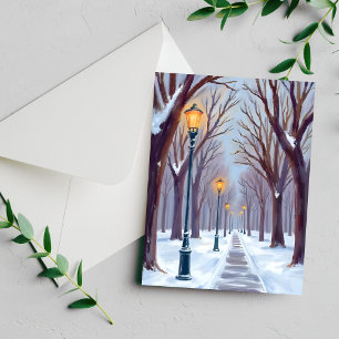 Winter Sneeuw Park Straatlantaarns Stad Aquarel Ka