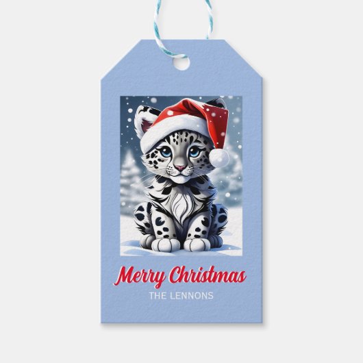 Winter Sneeuw Santa Schattige Sneeuw Leopard Cub K Cadeaulabel (Voorkant)