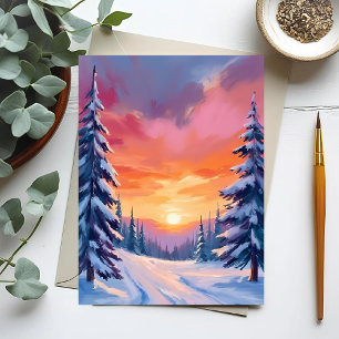 Winter Sneeuw Zonsondergang   Pastel Waterverfschi Briefkaart