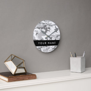 Winter Sneeuwgrijs Camouflage Jouw naam Personalis Ronde Klok