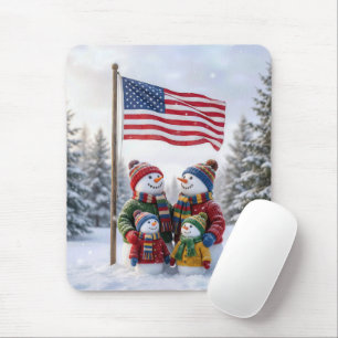 Winter Sneeuwman Familie Onder een Amerikaanse Vla Muismat
