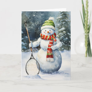 Winter Sneeuwman Tennis Enthousiast Vakantie Kerst Feestdagen Kaart