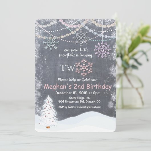 Winter Sneeuwvlok eerste 2e verjaardag uitnodiging (Staand voorkant)
