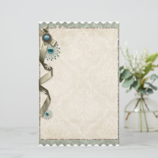 Winter sneeuwvlok lint damast blauwgroen crème Briefpapier (Staand voorkant)