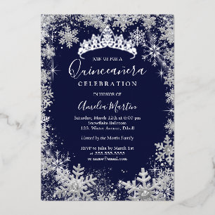 Winter Sneeuwvlok Zilveren Marine Quinceanera Folie Uitnodiging