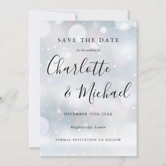 Winter Sneeuwvlokken Elegante Script Bewaar de Dat Save The Date (Voorkant)