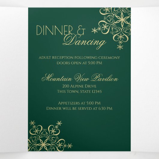 Winter Sneeuwvlokken Groene en Gouden Sparkle Drieluik Kaart (Binnenkant midden)