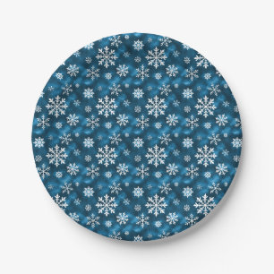 Winter Sneeuwvlokken Patroon Op Koel Blauwe Achter Papieren Bordje