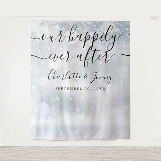 Winter Sneeuwvlokken Script Bruiloft Photo Booth R Wandkleed (Voorkant)
