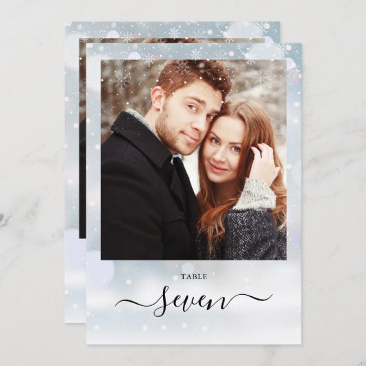Winter Sneeuwvlokken Script Photo Table Number Kaart (Voorkant / Achterkant)