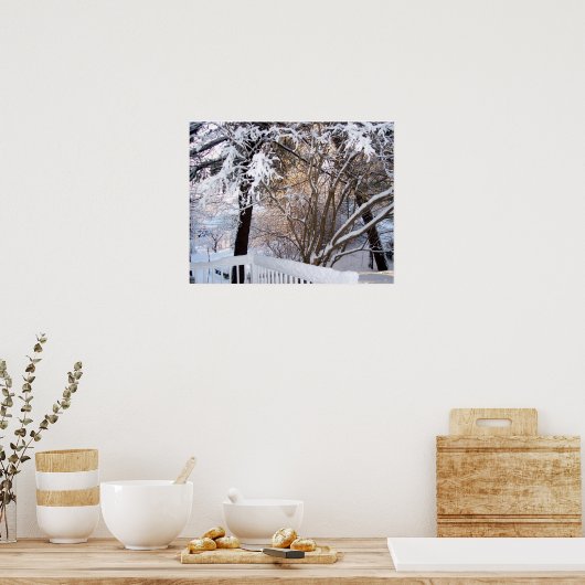 Winter sneeuwzicht vanaf de voorste veranda poster (Keuken)