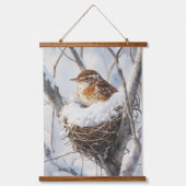 Winter Snow Bird Wren in Tree Nest Nature Art Hangend Wandkleed (Voorkant)