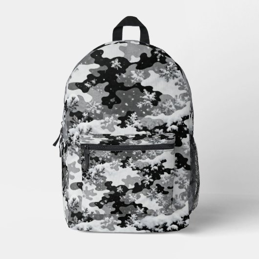 Winter Snow Camo Backpack – Black & White Frosted  Bedrukte Rugzak (Voorkant)