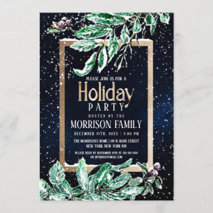 Winter Snow Gold Navy Leaf Waterverf Holiday Kaart