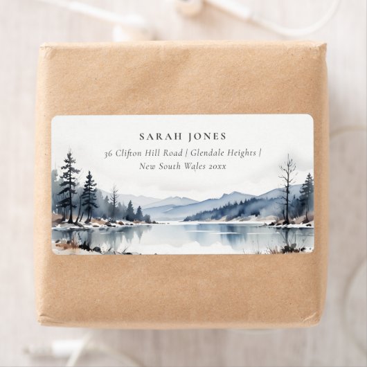 Winter Snow Mountain Lake Landschap Adres Etiket (Insitu)