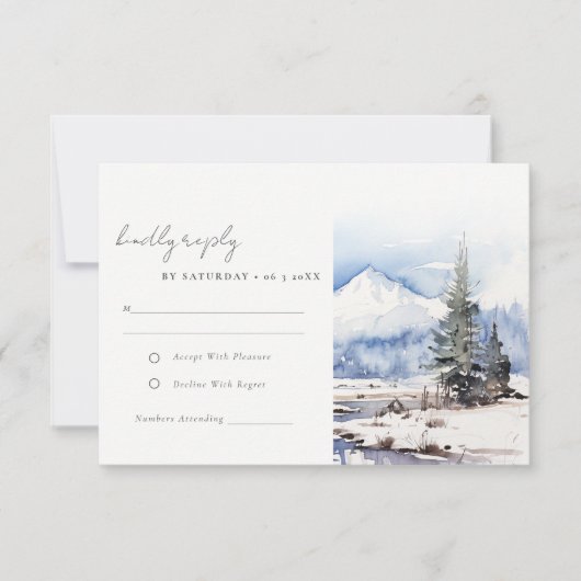 Winter Snow Mountain Ski Landschap Wedding RSVP Kaartje (Voorkant)