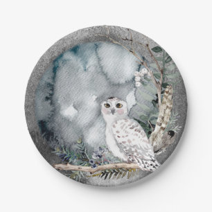 Winter Snow Owl Moon Branch Waterverf Wedding Papieren Bordje