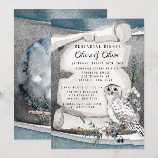 Winter Snow Owl Moon Scroll Rehearsal Dinner Kaart (Voorkant / Achterkant)