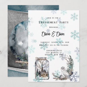 Winter Snow Owl Moon Waterverf Engagement Party Kaart