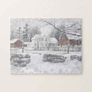 Winter Snow Red Barn Farm House Legpuzzel