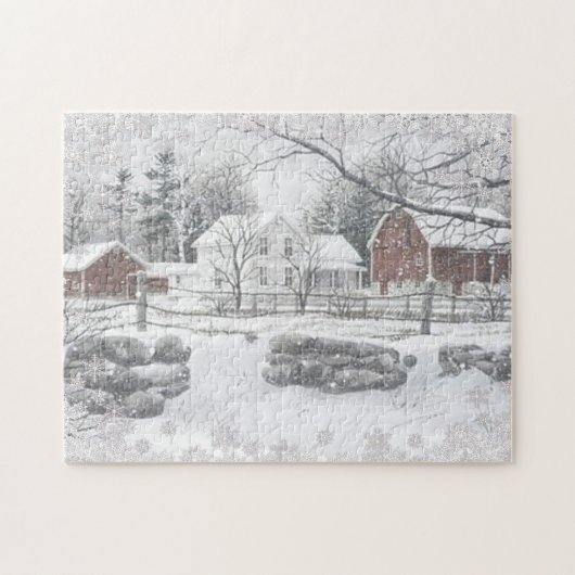 Winter Snow Red Barn Farm House Legpuzzel (Horizontaal)