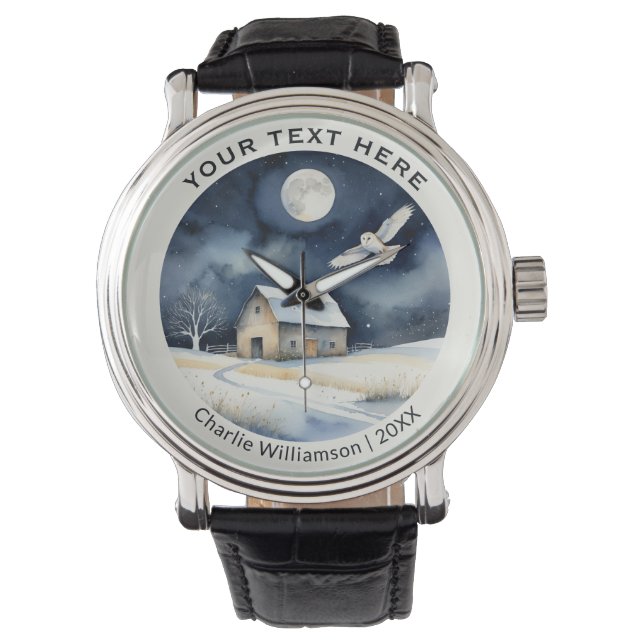 Winter Snow Scene with Barn Owl Personalized Horloge (Voorkant)