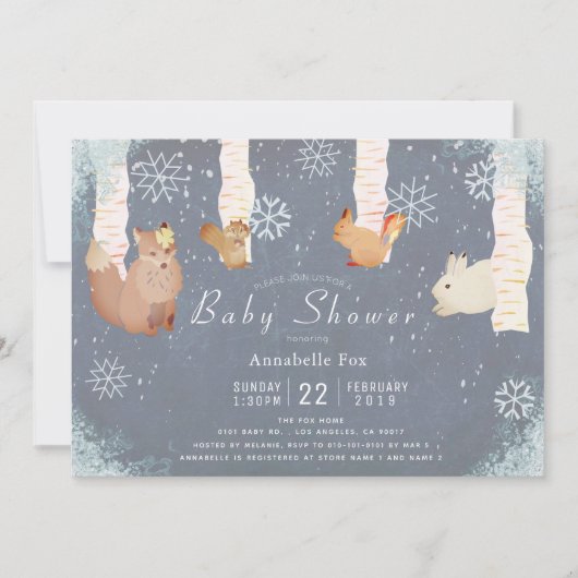 Winter Snow Woodland Animal Blue Baby shower Kaart (Voorkant)