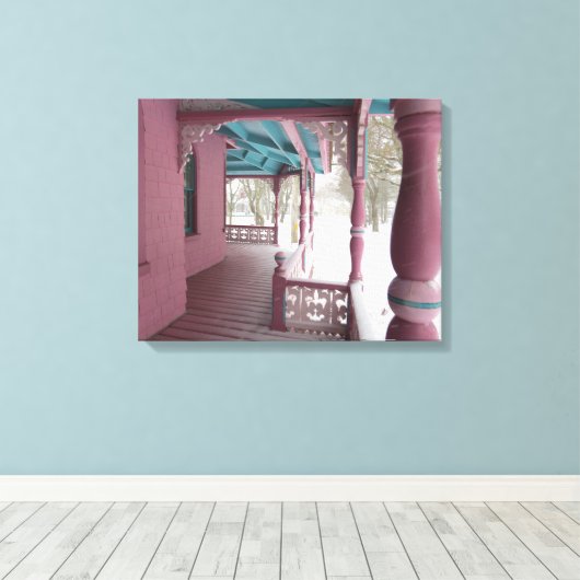 Winter Snowfall op Roze Porch - Martha's wijngaard Canvas Afdruk (Insitu (Houten vloer))